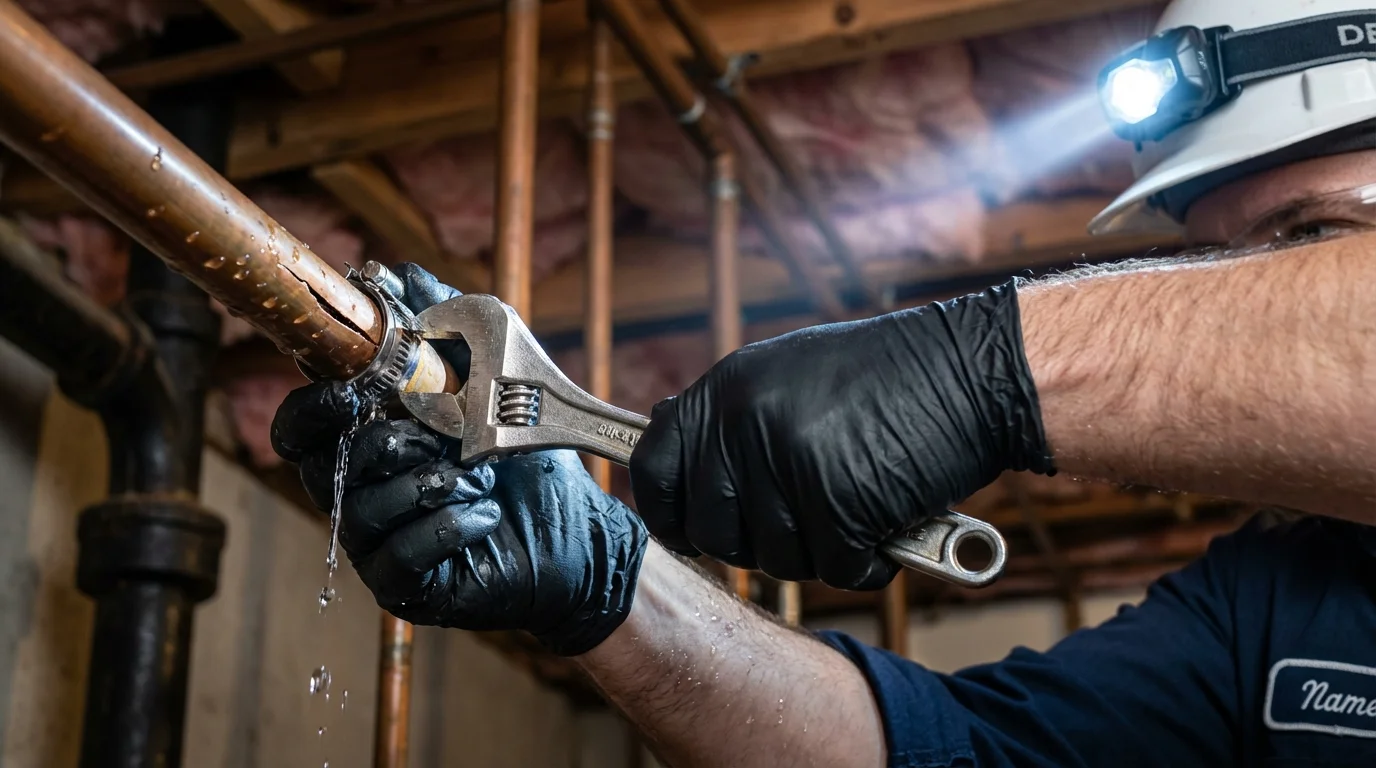 Emergency pipe clamp repair being performed by a Johns Plumbing LLC plumber in Apison